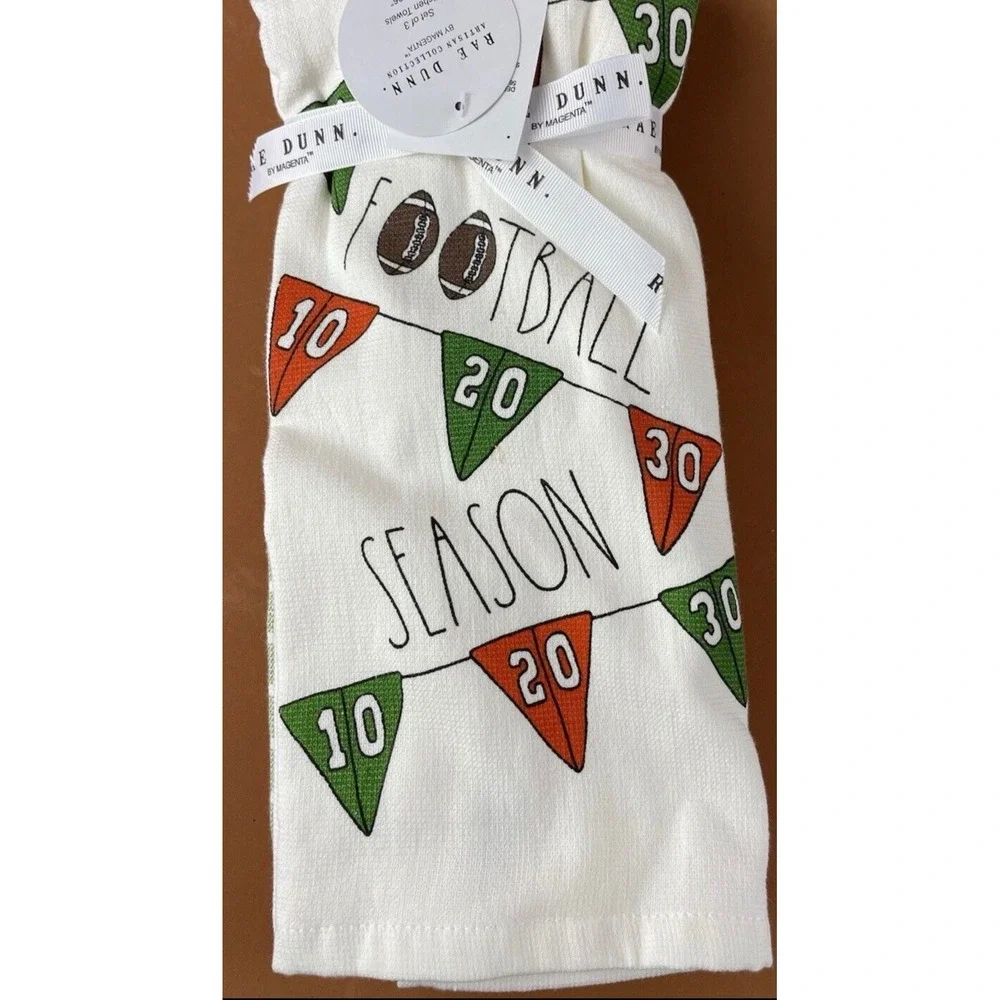 Rae Dunn Football Season Kitchen Towels Set of 3 Green Orange White 16x26 NEW